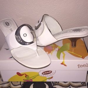 NEW white slide sandals, kitten heel, nonskid sole